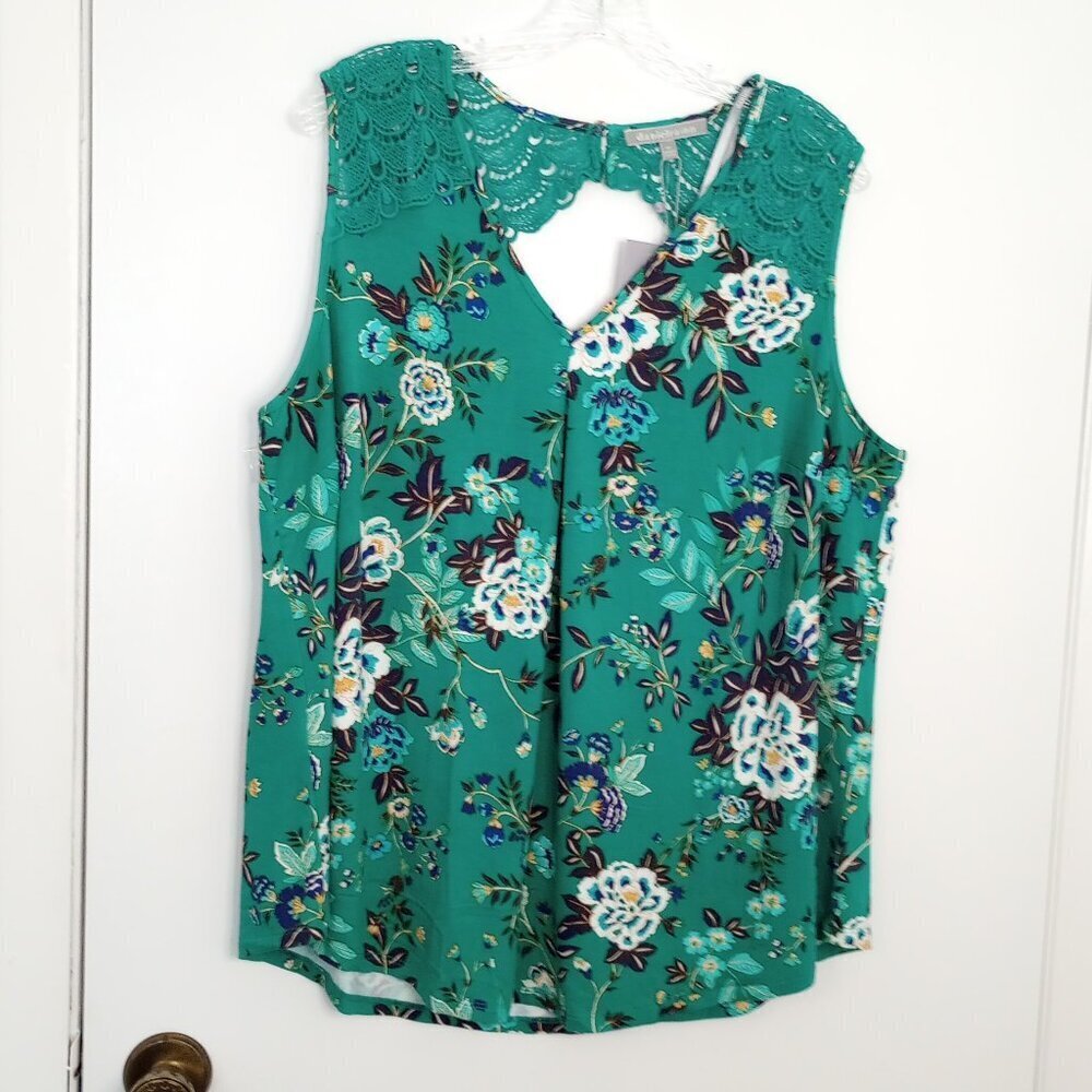 Daniel Rainn Fantine Green Floral Crochet Sleeveless Top